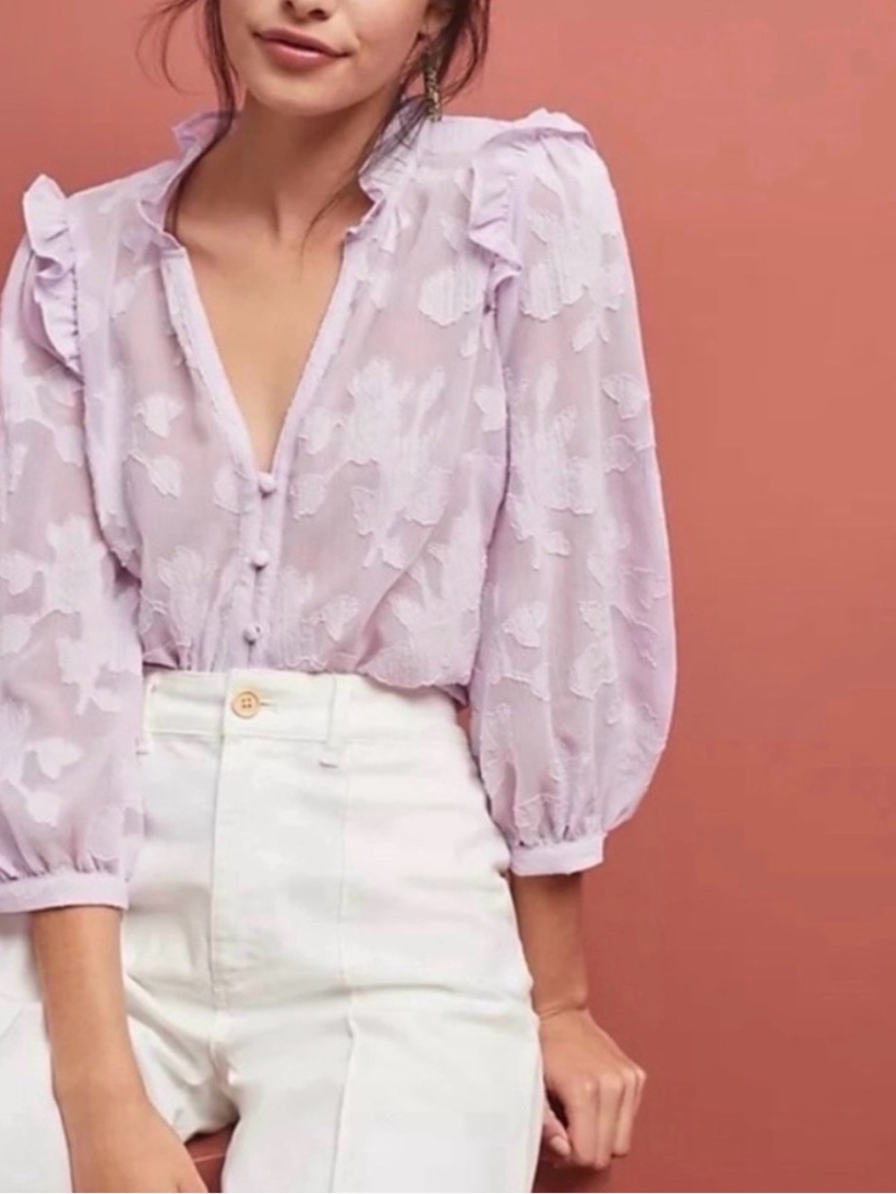 Anthropologie Maeve Lilac Textured Ruffle V-Neck Blouse 24